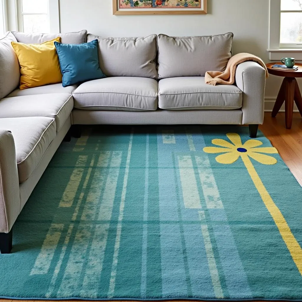 Grey couch with colorful rug