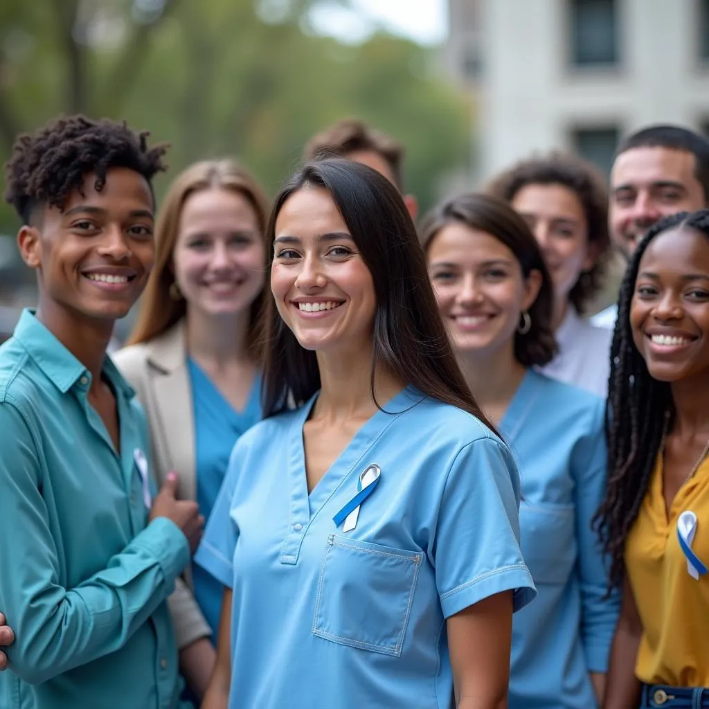 Individuals showing support for stomach cancer awareness by wearing periwinkle blue ribbons