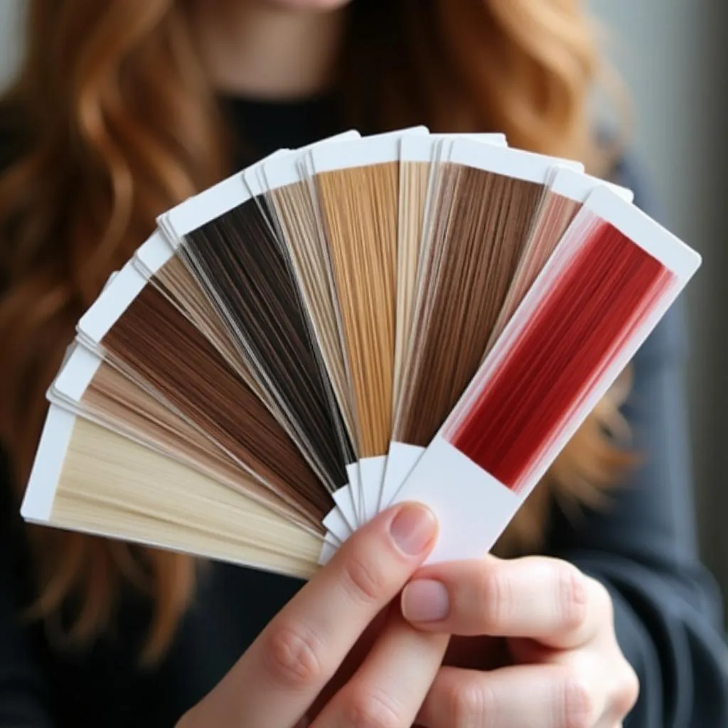 A colorist holds a fan of hair color swatches