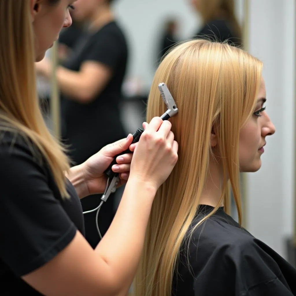 Hair stylist applying hair gloss treatment