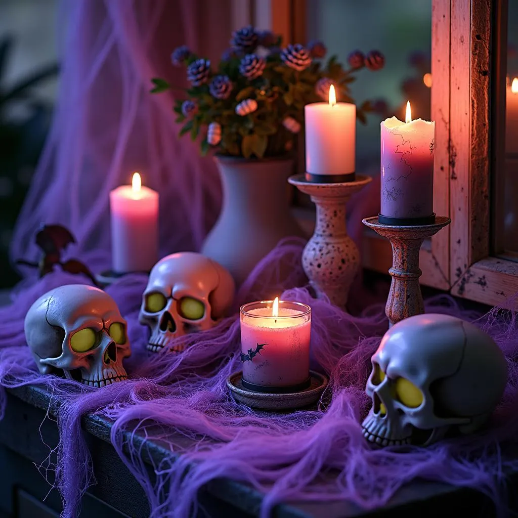 Halloween decorations featuring purple and green accents