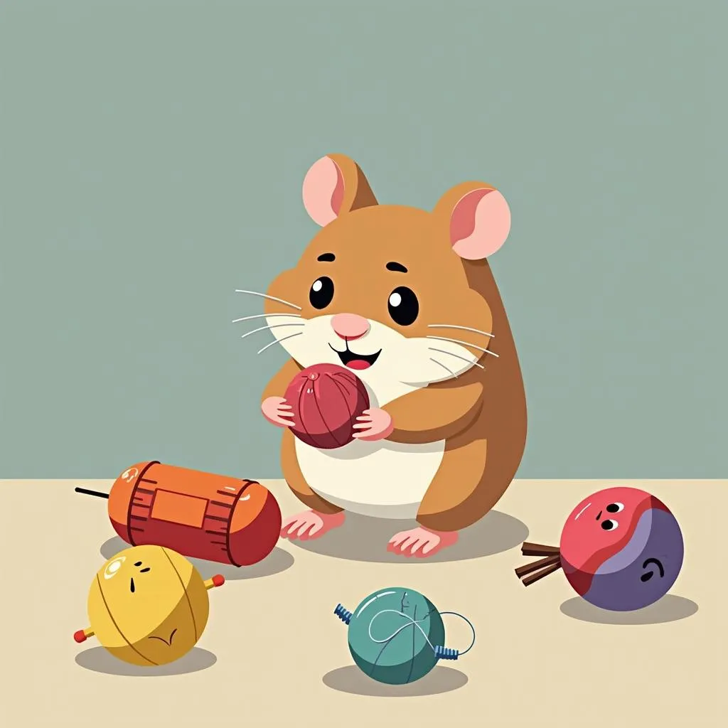 Hamsters exploring colorful toys