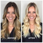 Woman with hair transformation from dark blonde to light blonde using high lift hair color