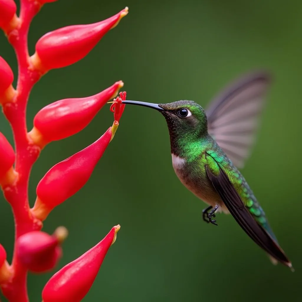 Hummingbird Sipping Nectar from Red Flower