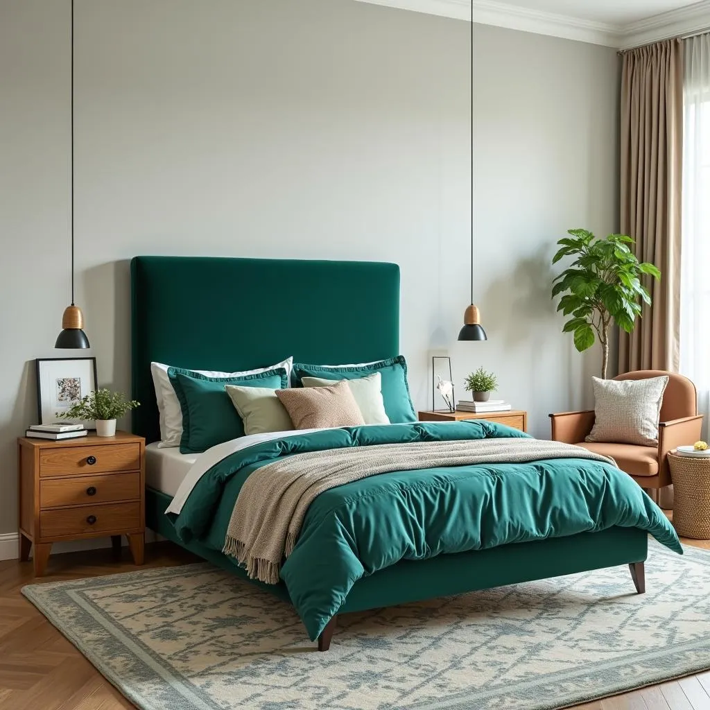 Bedroom with hunter green headboard and teal bedding