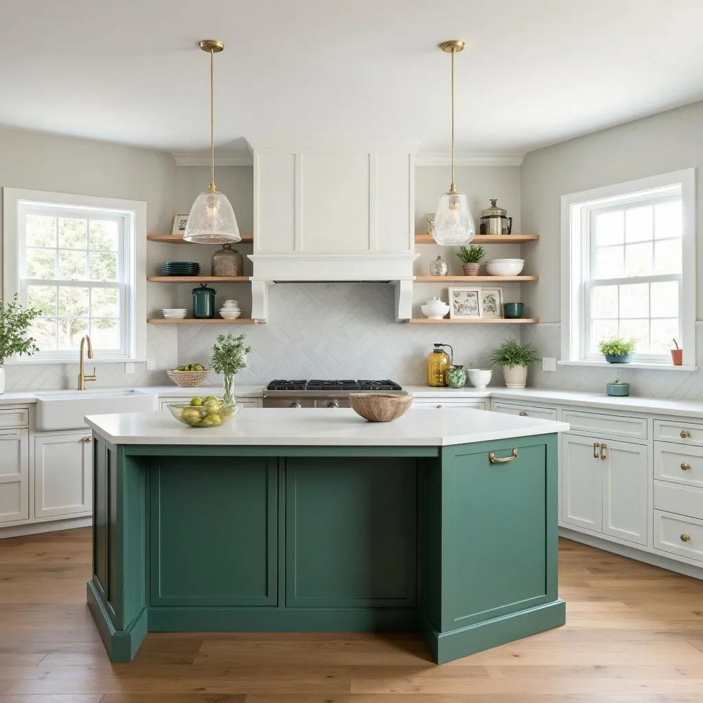 Kitchen with hunter green island and white cabinets