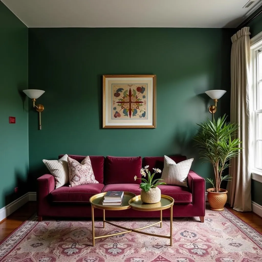 Living room with hunter green walls and burgundy accents