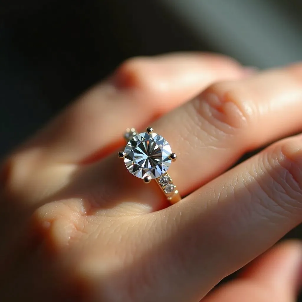 Close-up of an I color diamond on a person's hand