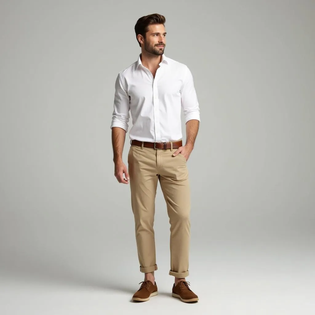 Man wearing khaki pants and a white shirt, demonstrating a classic outfit combination