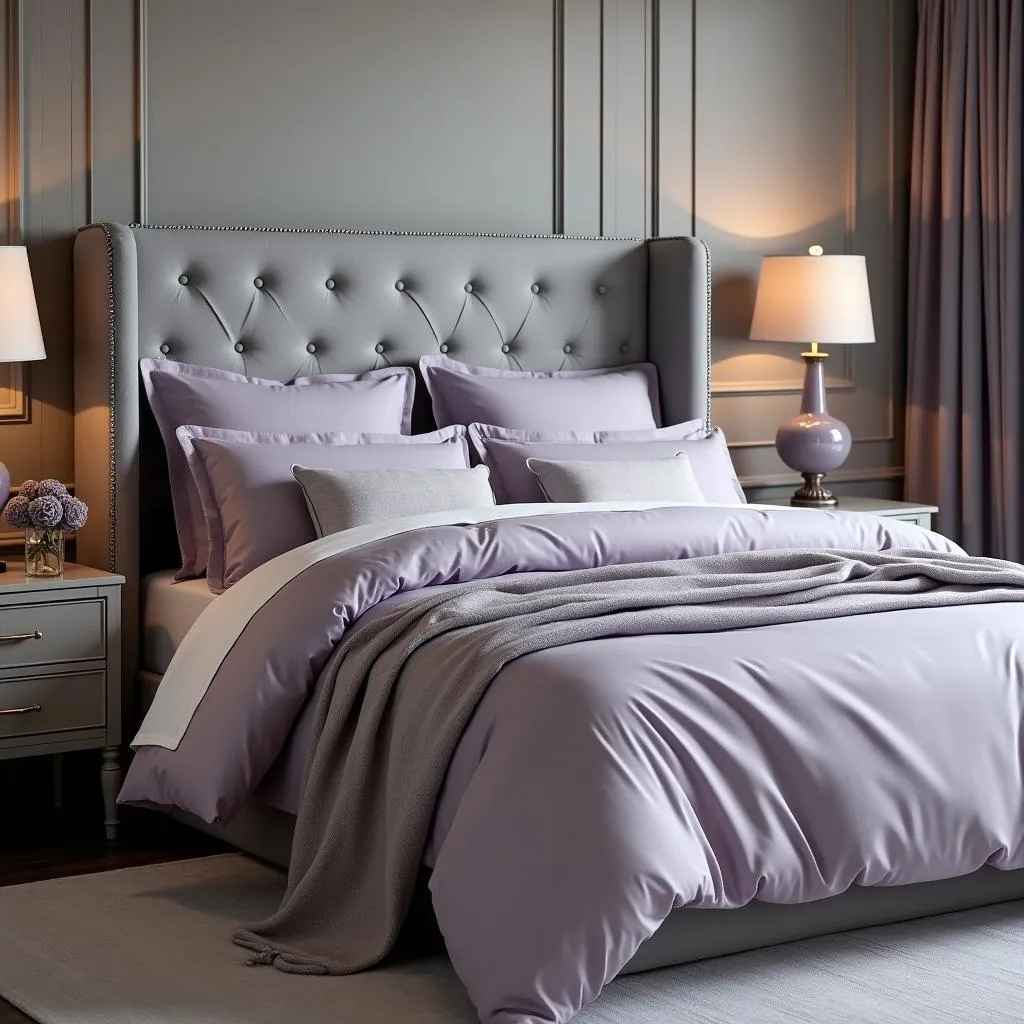 Bedroom decorated in lilac and gray