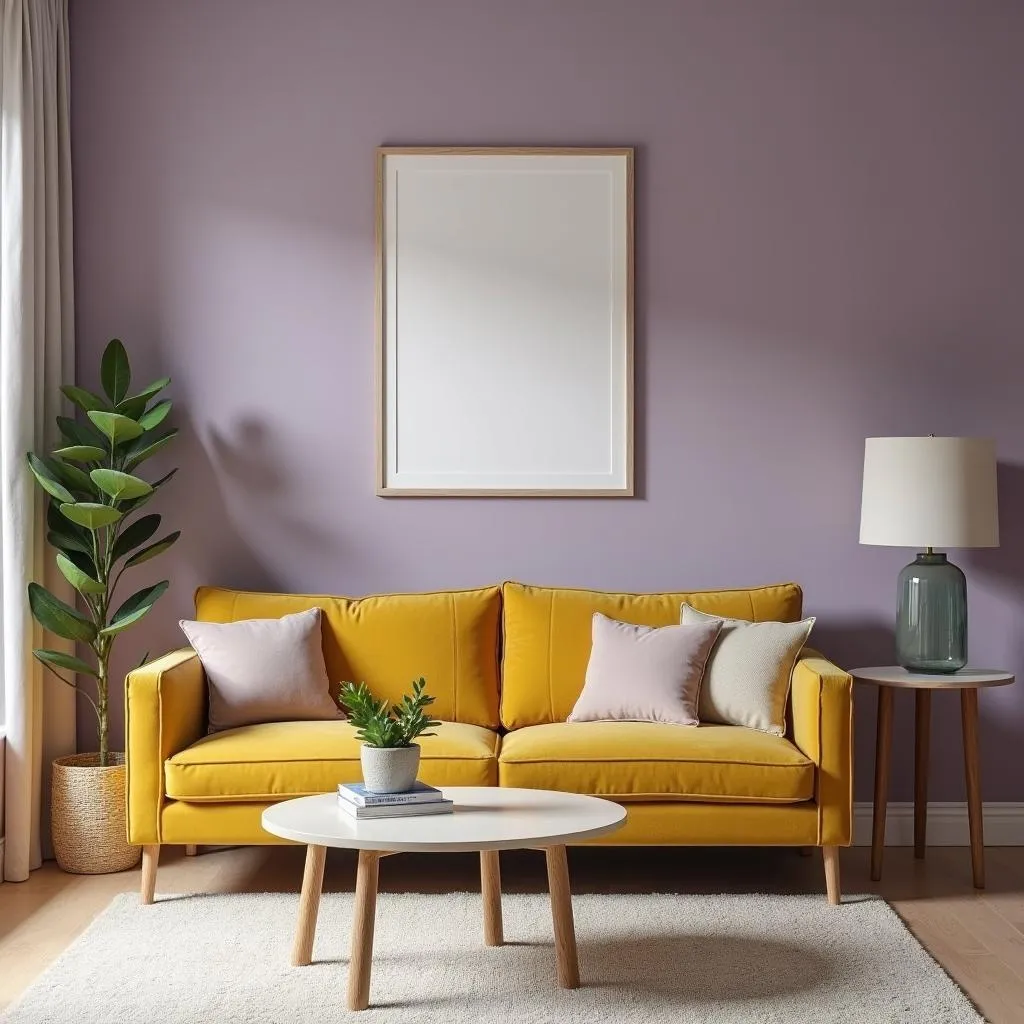 A room decorated with lilac and mustard yellow