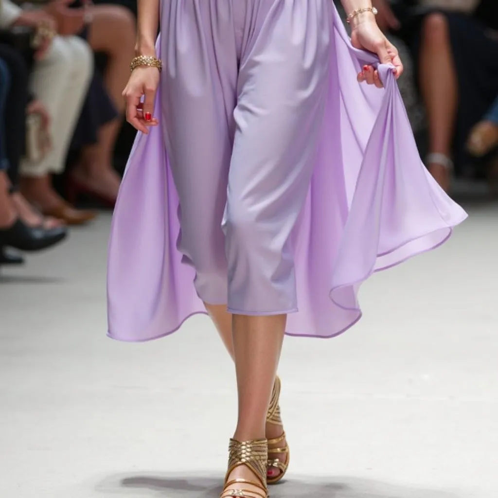 Woman in a lilac dress accessorized with gold sandals