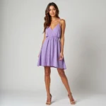 Woman in a flowing lilac dress paired with nude heels