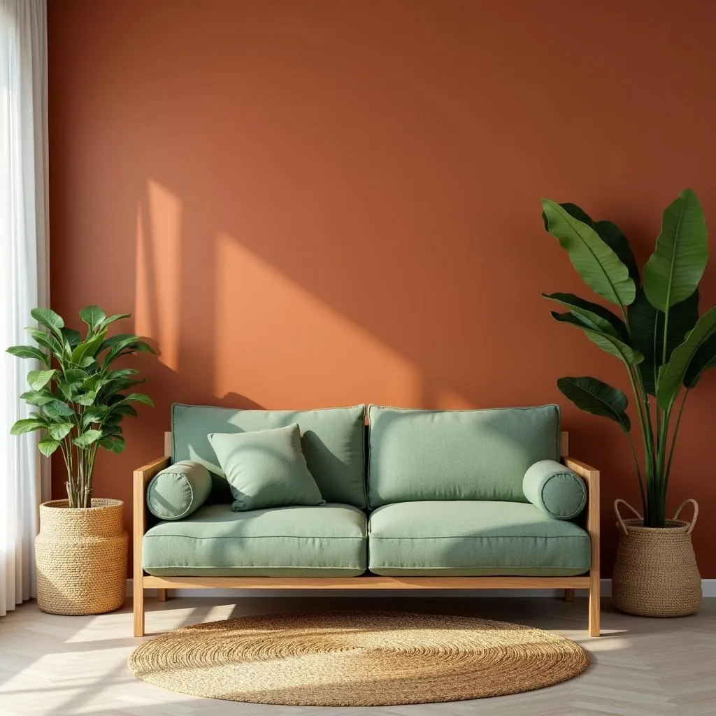 Living Room with Earthy Orange and Green Decor