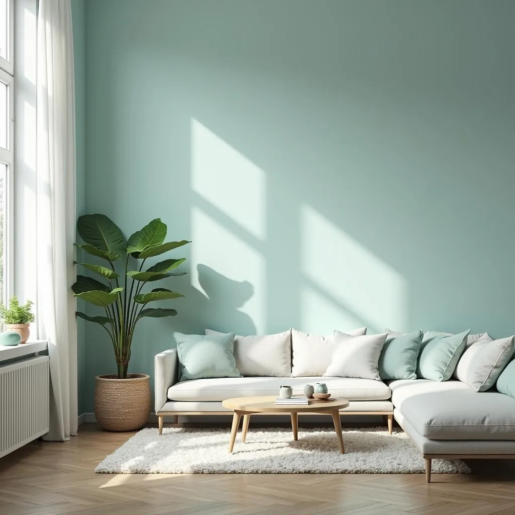 Spacious living room with glacier-painted walls