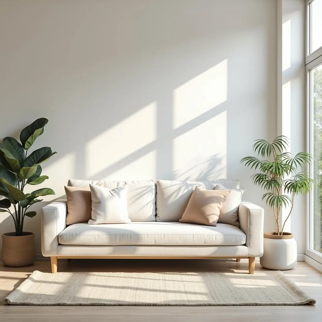 Spacious living room with linen sofa and large windows