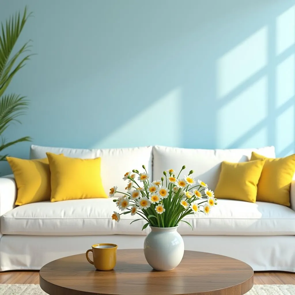 Living Room with Sky Blue Walls and Yellow Accents