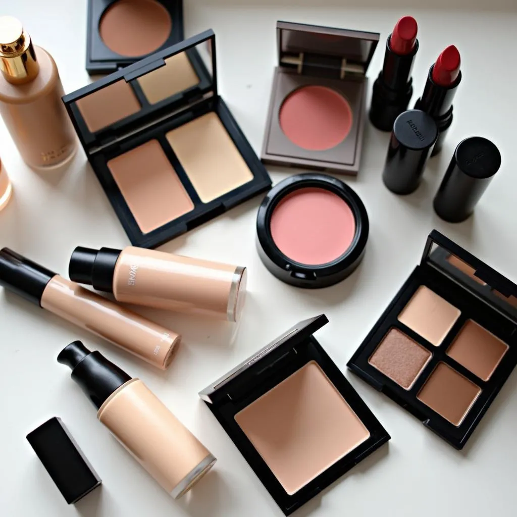 Makeup products arranged on a table, suitable for olive skin tones