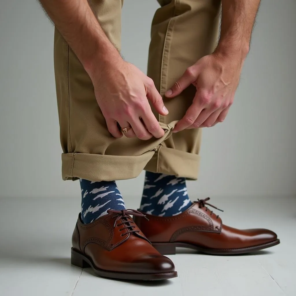 Man adjusting his cuffed khakis, revealing patterned socks and brown shoes