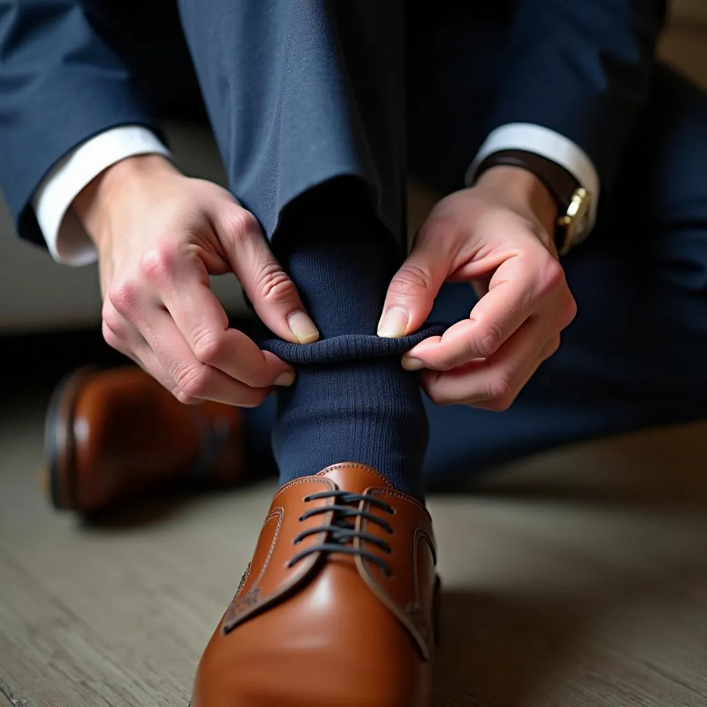 Close-up of a man adjusting his socks