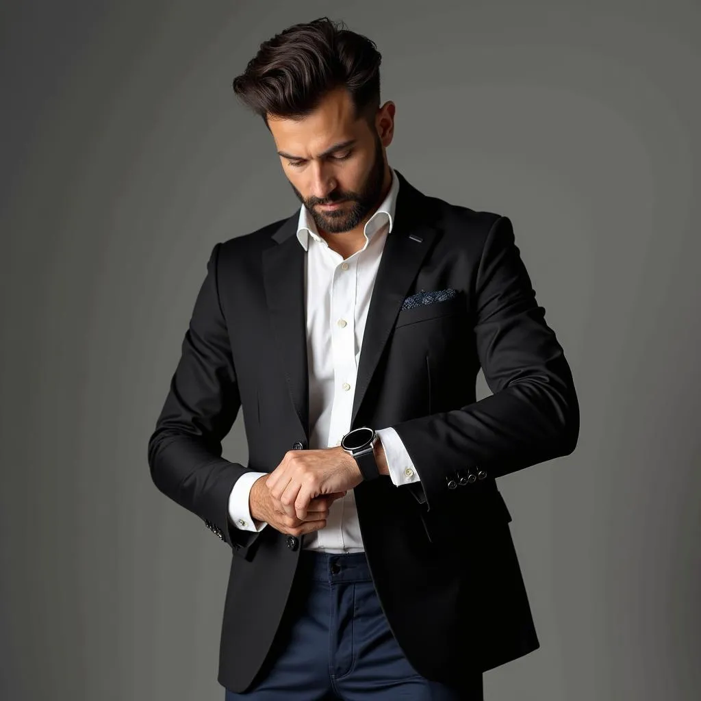 Man Adjusting His Watch in a Black Blazer