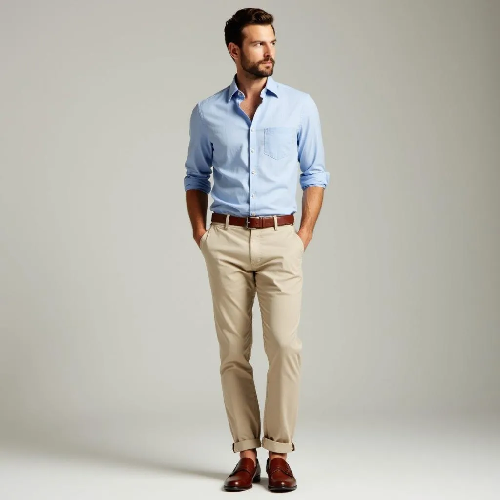 Blue Shirt with Beige Pants