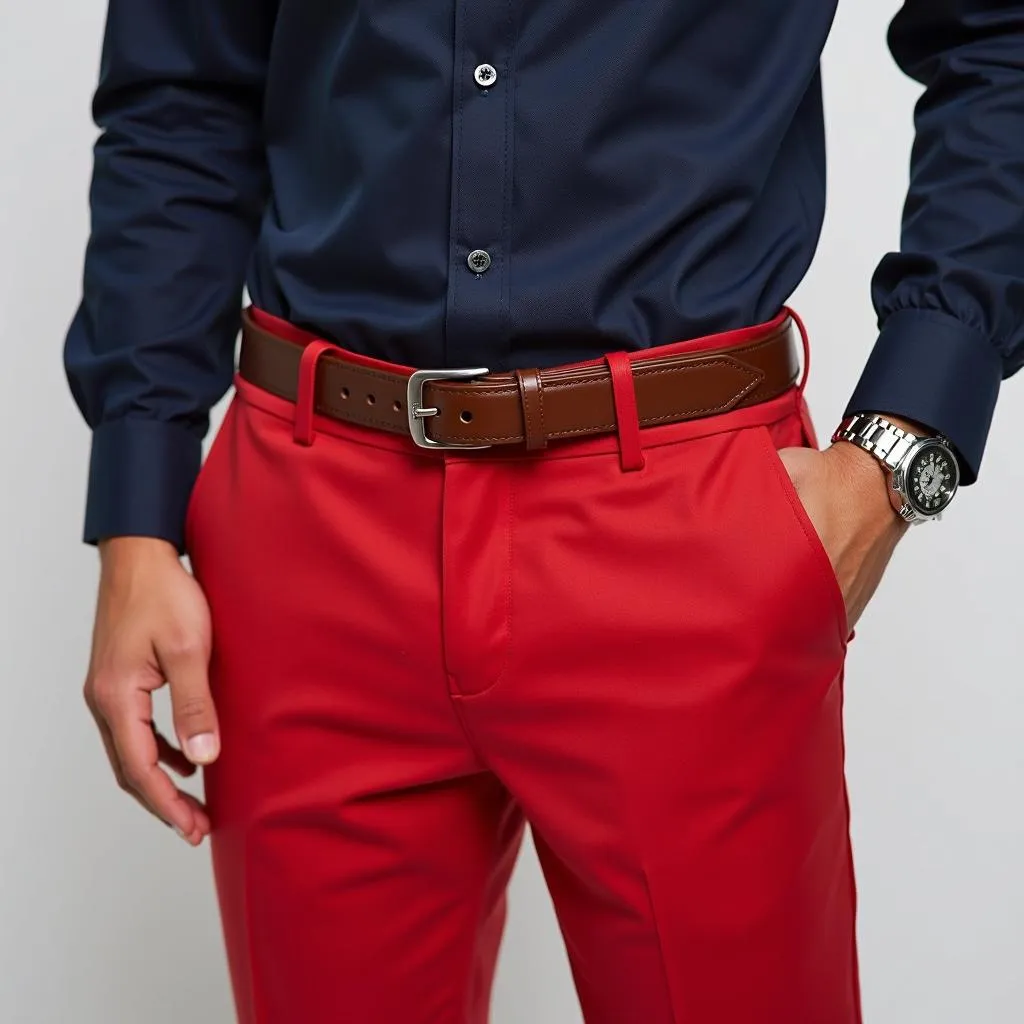 Man wearing red pants and a navy blue shirt