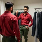 Man trying on different pants with a red shirt