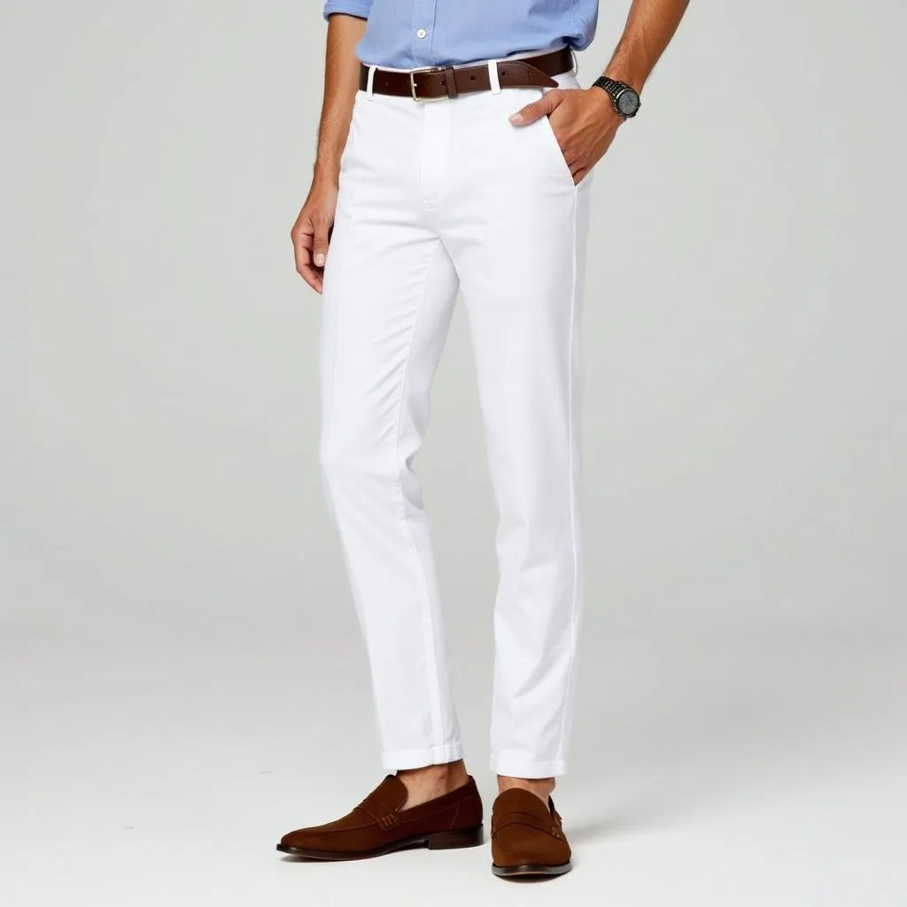 A man wearing white pants paired with brown loafers.