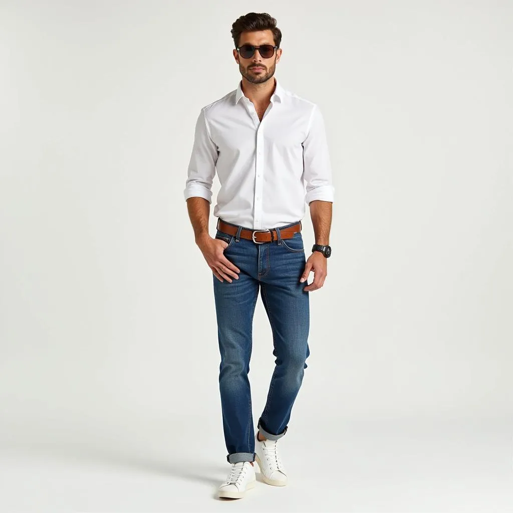 Man in White Shirt and Blue Jeans