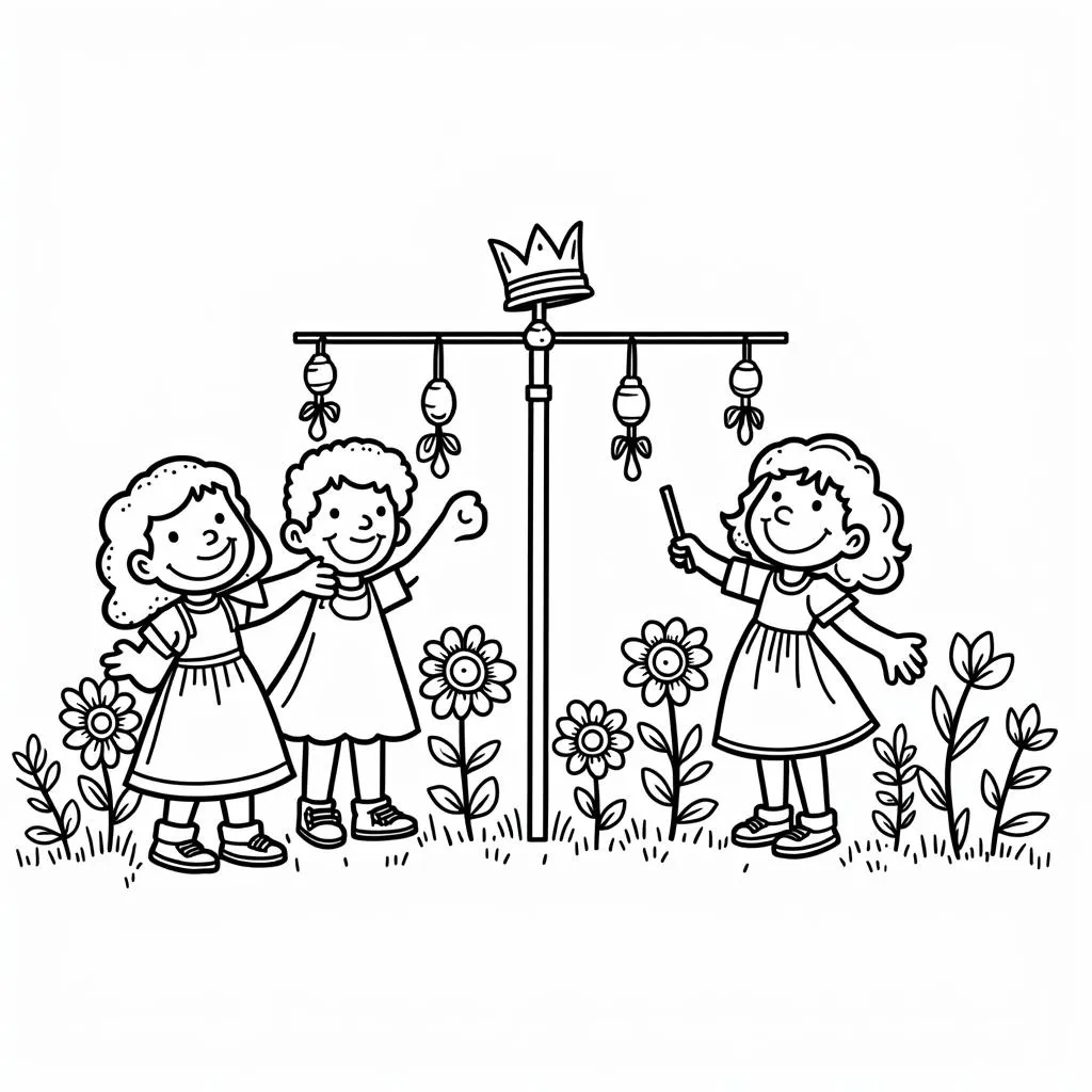 May Crowning Coloring Page: Children Enjoying Coloring