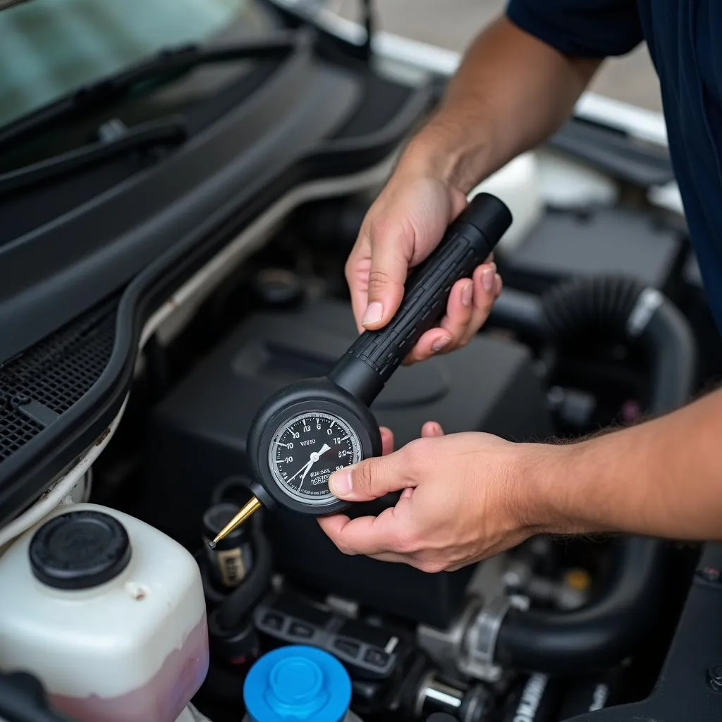 A mechanic inspecting the radiator fluid in a car