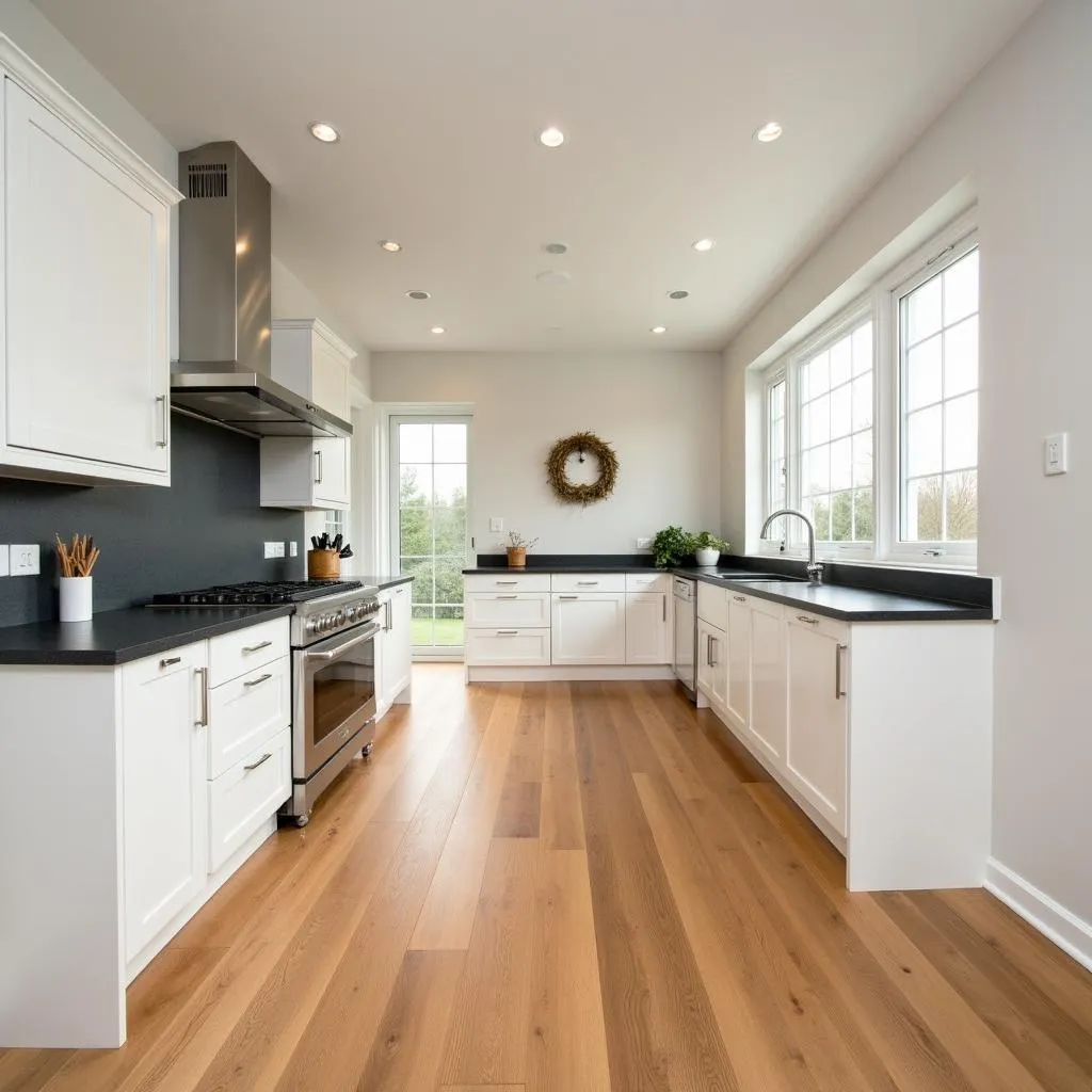 Kitchen with mid-tone wood floor