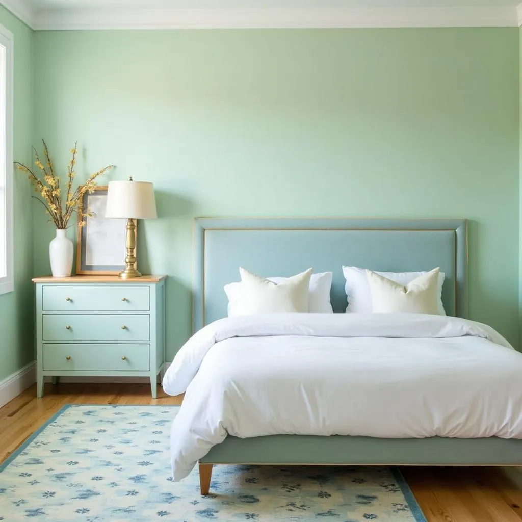 Serene bedroom with mint green and blue color scheme