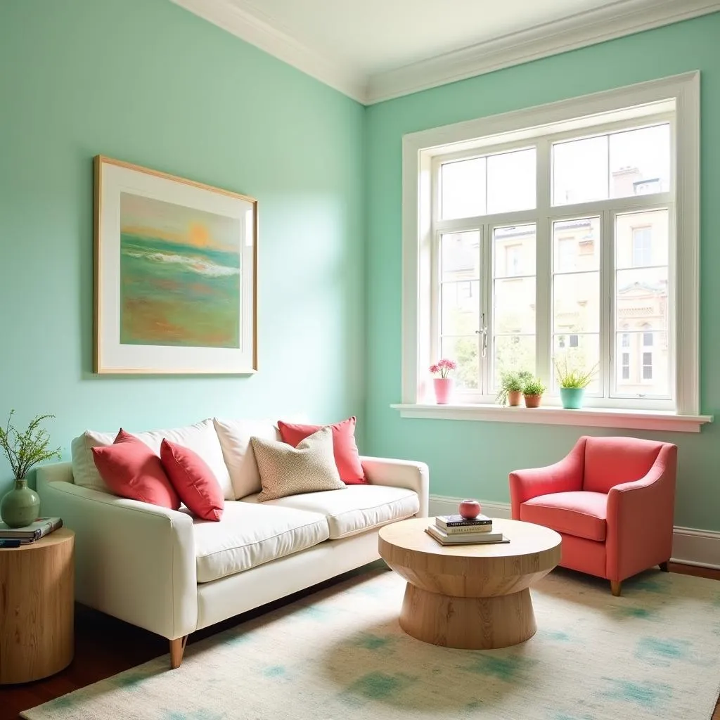 Modern living room with mint green walls and coral accents