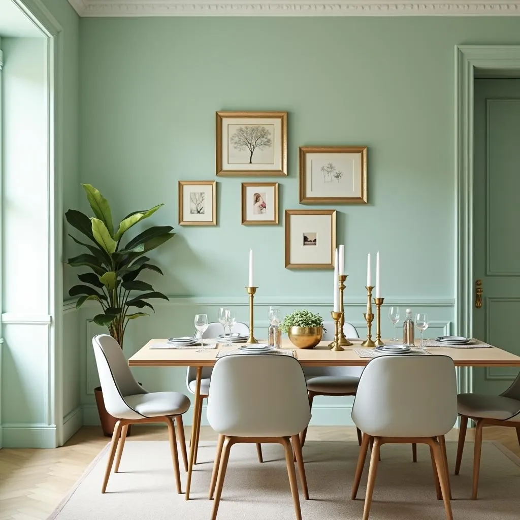 Elegant dining room with mint green walls and gold accents