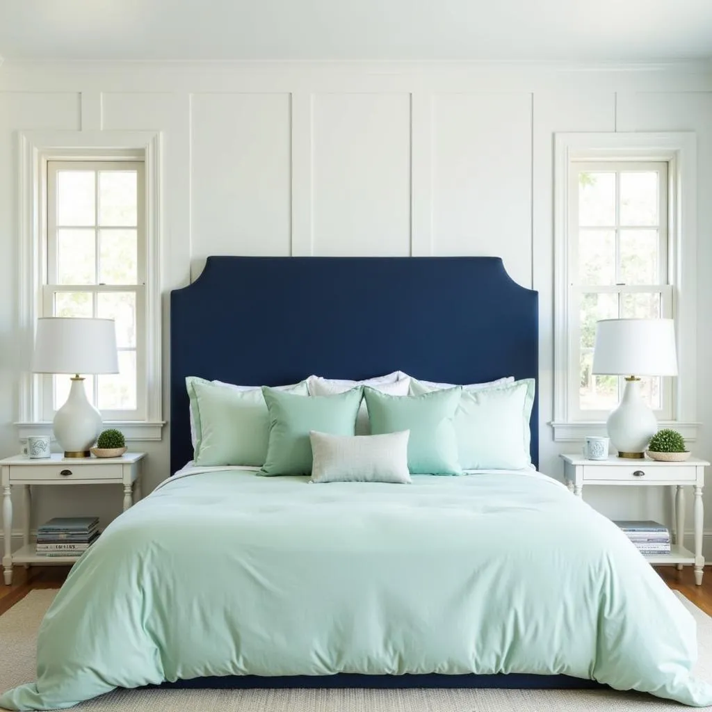 Serene bedroom with mint green bedding and navy blue headboard