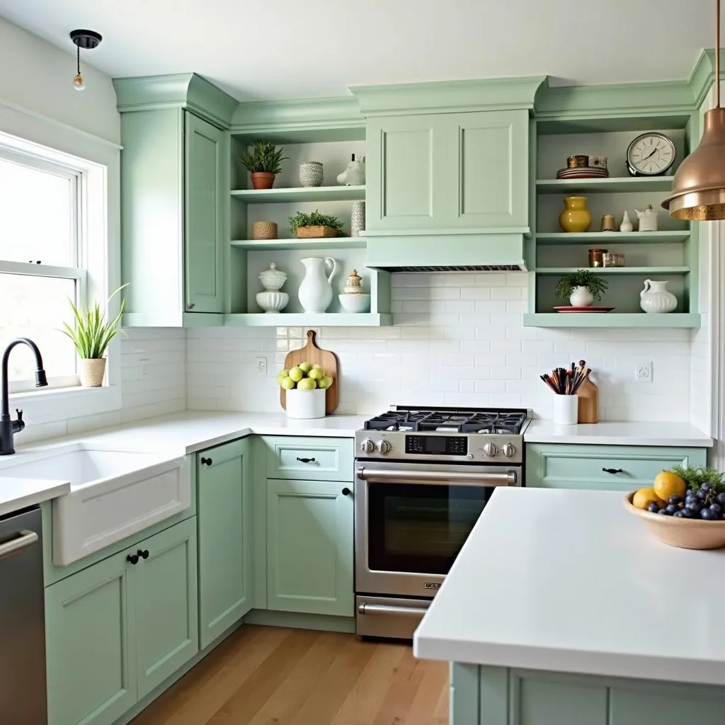 Modern kitchen with mint green cabinets and white countertops