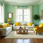 Bright living room with mint green walls and yellow accents