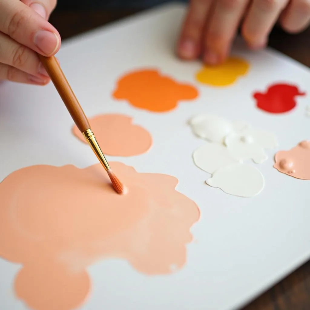 Mixing peach paint on a palette