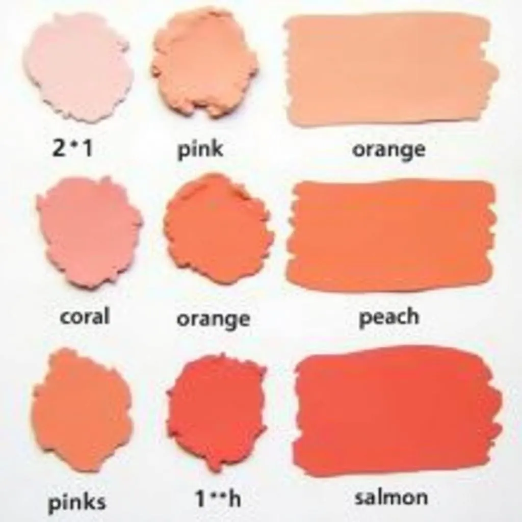 Pink and orange paint swatches showing different mixing ratios and resulting colors