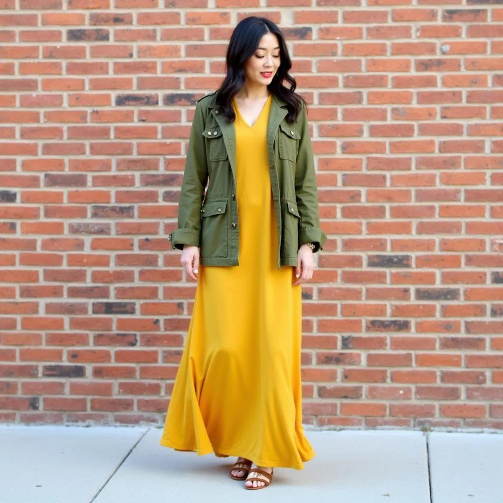 Woman wearing a mustard yellow dress and an olive green jacket 