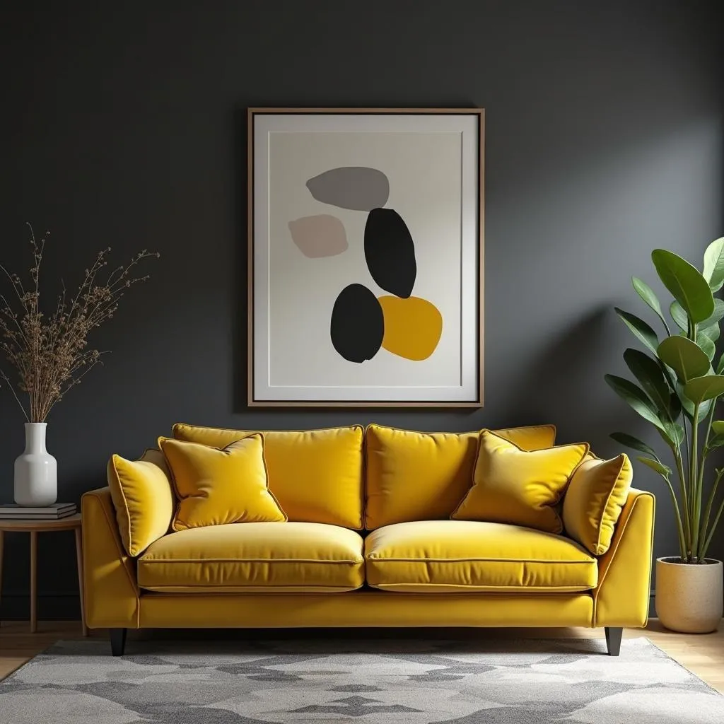 Mustard yellow sofa with grey wall