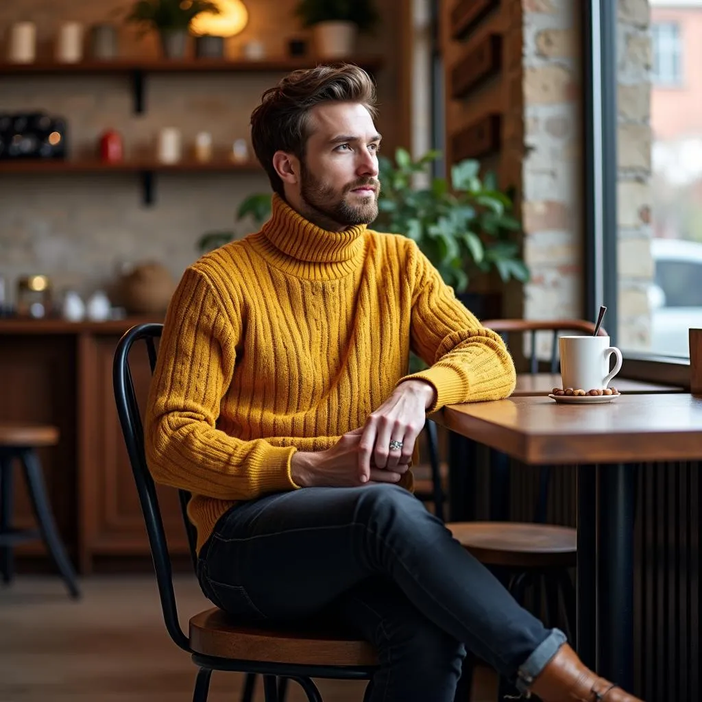 Man wearing a mustard yellow sweater and black jeans