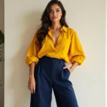 Woman wearing a mustard yellow top and navy blue pants