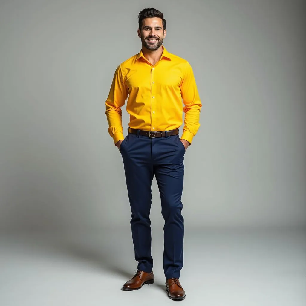 Stylish Man Wearing Navy Blue Pants and Yellow Shirt