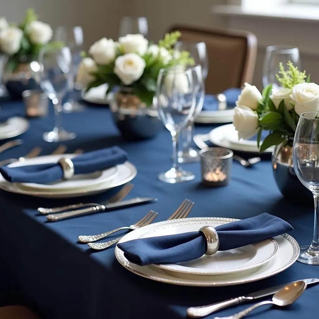 Navy blue and silver 30th birthday party tablescape