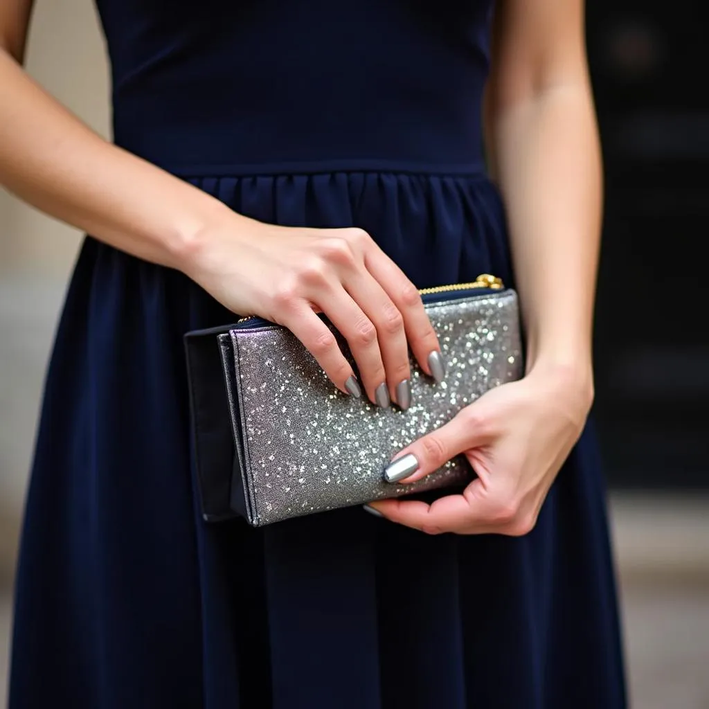 Close-up of hands with silver metallic nails holding a navy blue clutch bag.