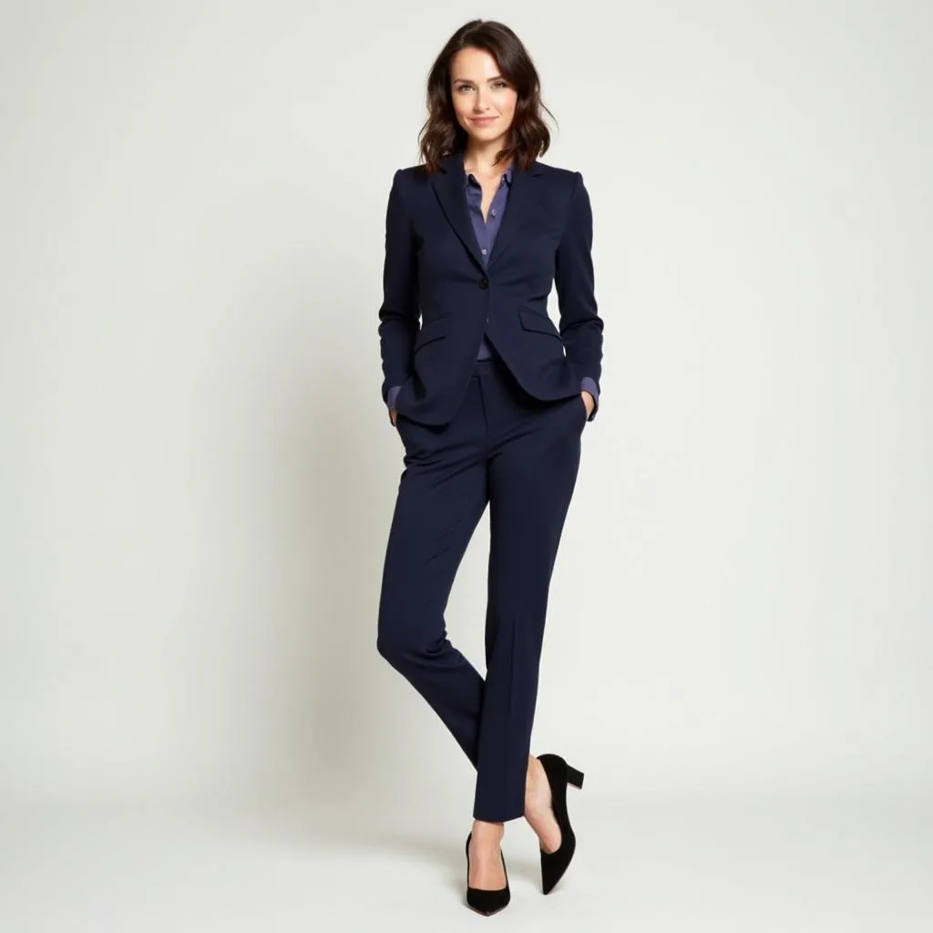 Woman in navy pants and black pumps.