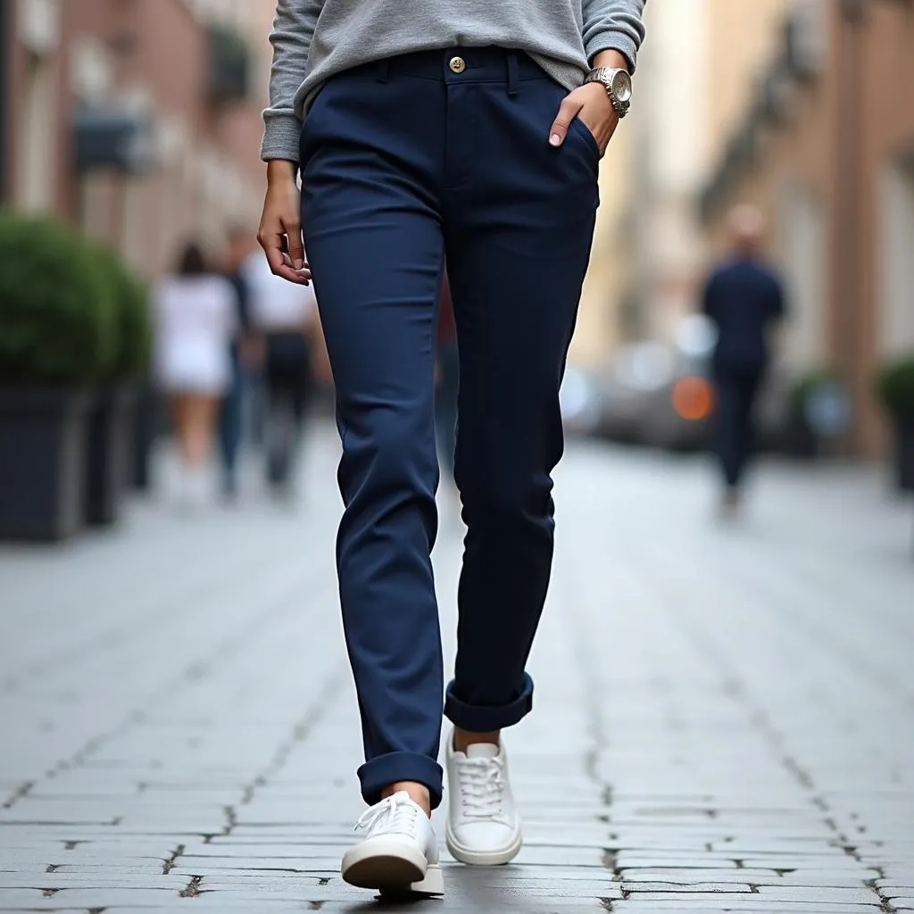 Woman in navy pants and white sneakers.